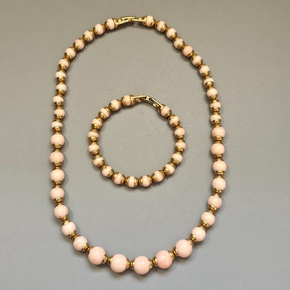Avon Pink Swirl Graduated Bead Necklace & Bracelet Convertible Goldtone 1984 Vtg